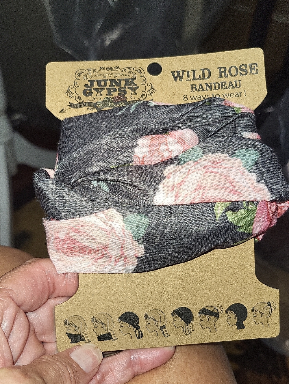 Junk Gypsy Wild Rose Floral Bandeau Headband — Black with Pink Roses